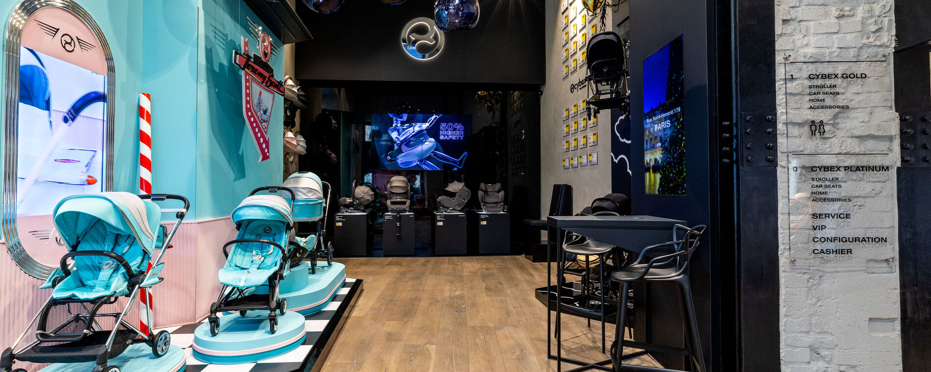 Kolekce Jeremy Scott Car vlevo, autosedačky CYBEX uprostřed, různ&aacute; oceněn&iacute; z testů vpravo.