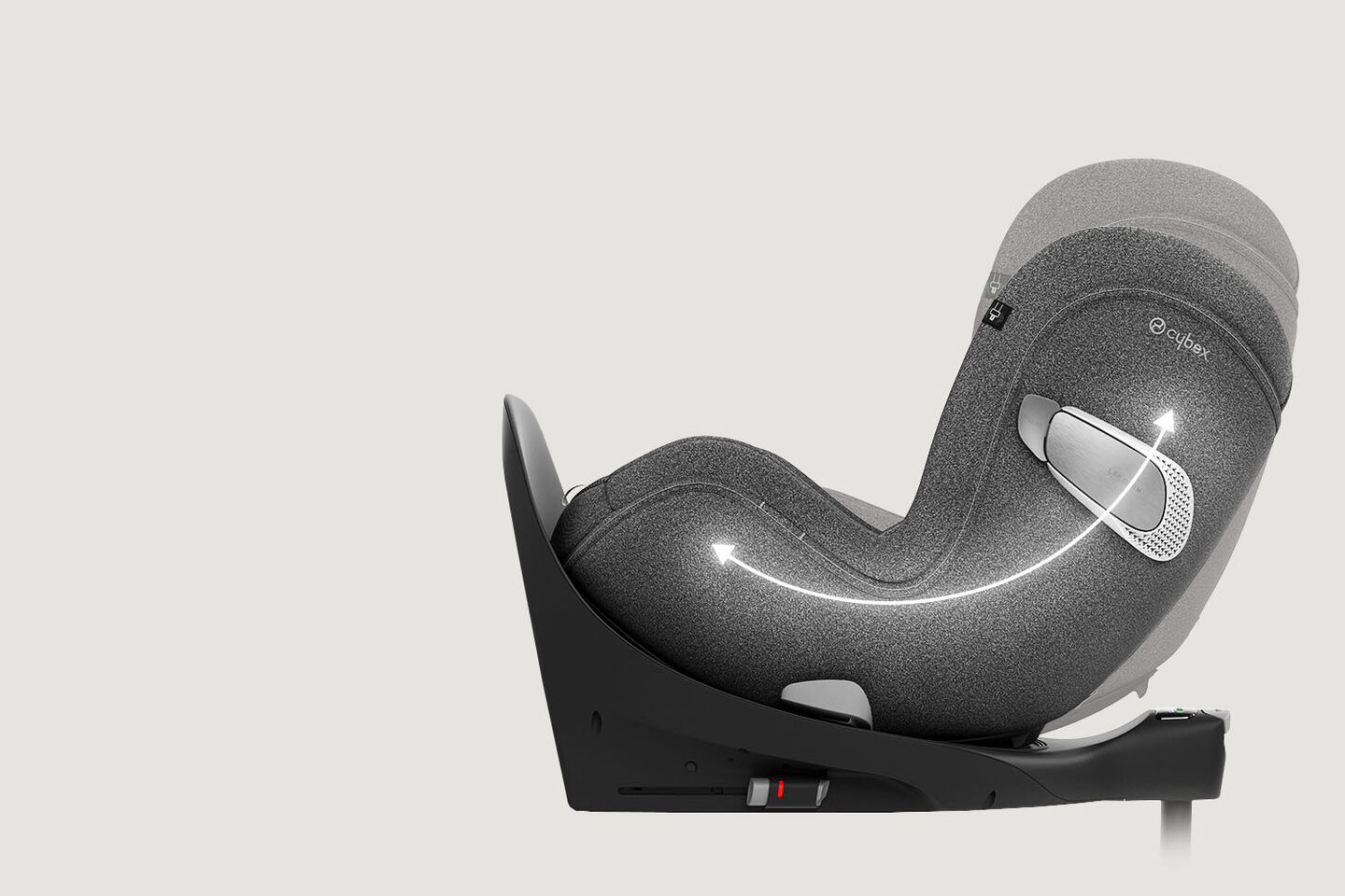 Side view of the Sirona T car seat with adjustable recline feature.