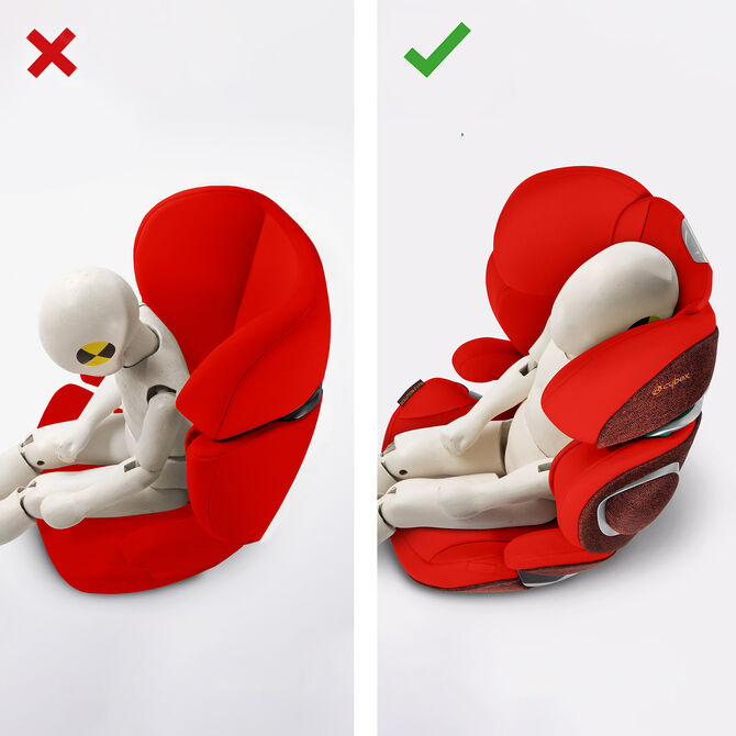 A crash test dummy sits in a red child car seat. On the left, the dummy is leaning forward, marked with a red X. On the right, the dummy is seated correctly upright, marked with a green tick.