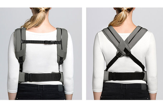 An image of the CYBEX Platinum YEMA.click Baby Carrier, highlighting the Comfortably padded shoulder straps feature.