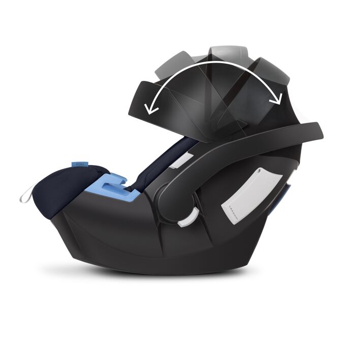 An image of the CYBEX Gold Aton 5 Infant Car Seat, highlighting the Integrated XXL sun canopy feature.