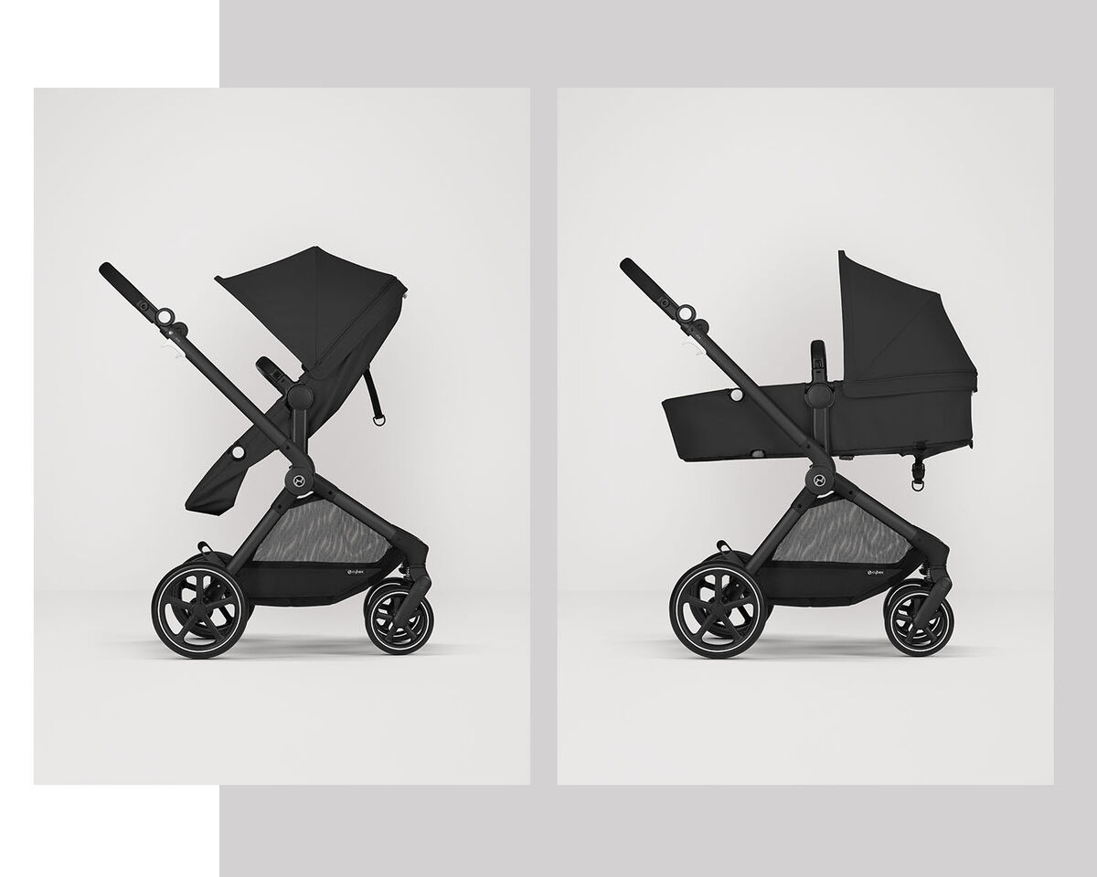Black Eos Lux 2 in 1 stroller shown as a buggy on the left and a bassinet on the right.