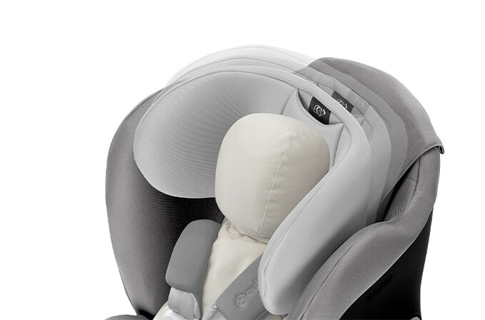 An image of the CYBEX Gold Eternis S with SensorSafe Toddler Car Seat, highlighting the Internationally Patented 3-Position Reclining Headrest feature.
