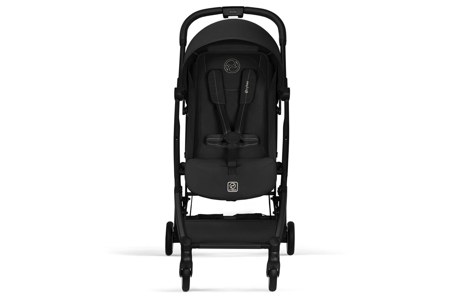 Cybex Orfeo compact travel stroller in magic black shown in front view