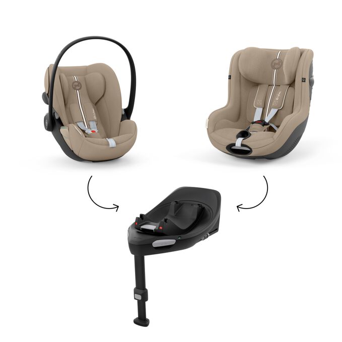 An image of the CYBEX Gold Cloud G i-Size Infant Car Seat, highlighting the One base &ndash; two seats: ​Designed to cover their first 4 years feature.