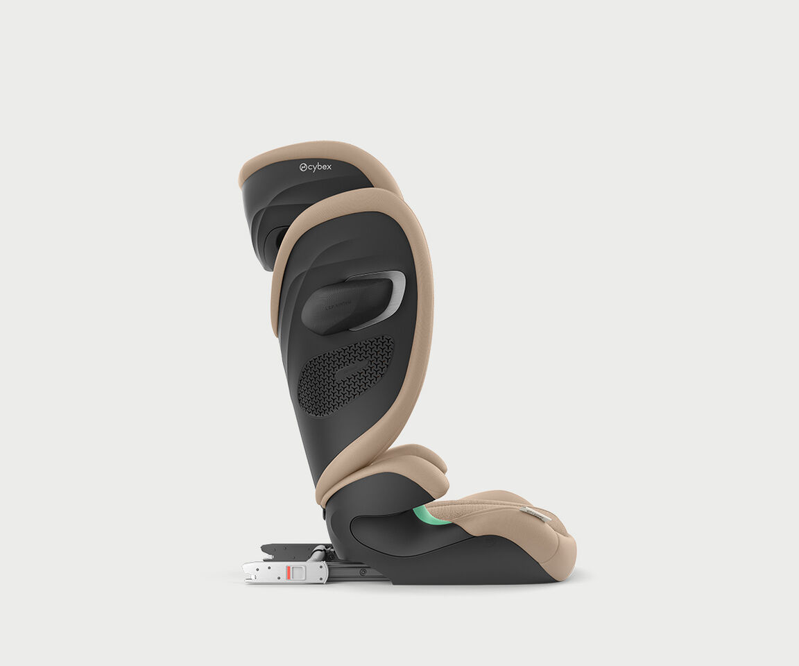 Side view of Solution G2 travel car seat in beige and black.