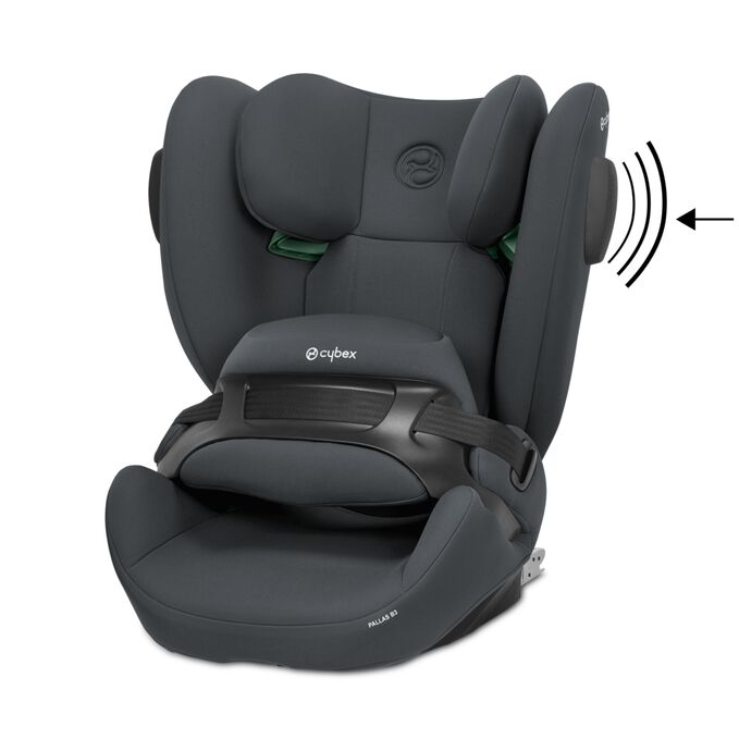 An image of the CYBEX Silver Pallas B3 i-Size Toddler Car Seat, highlighting the Reduces side-impact forces by over 15% feature.