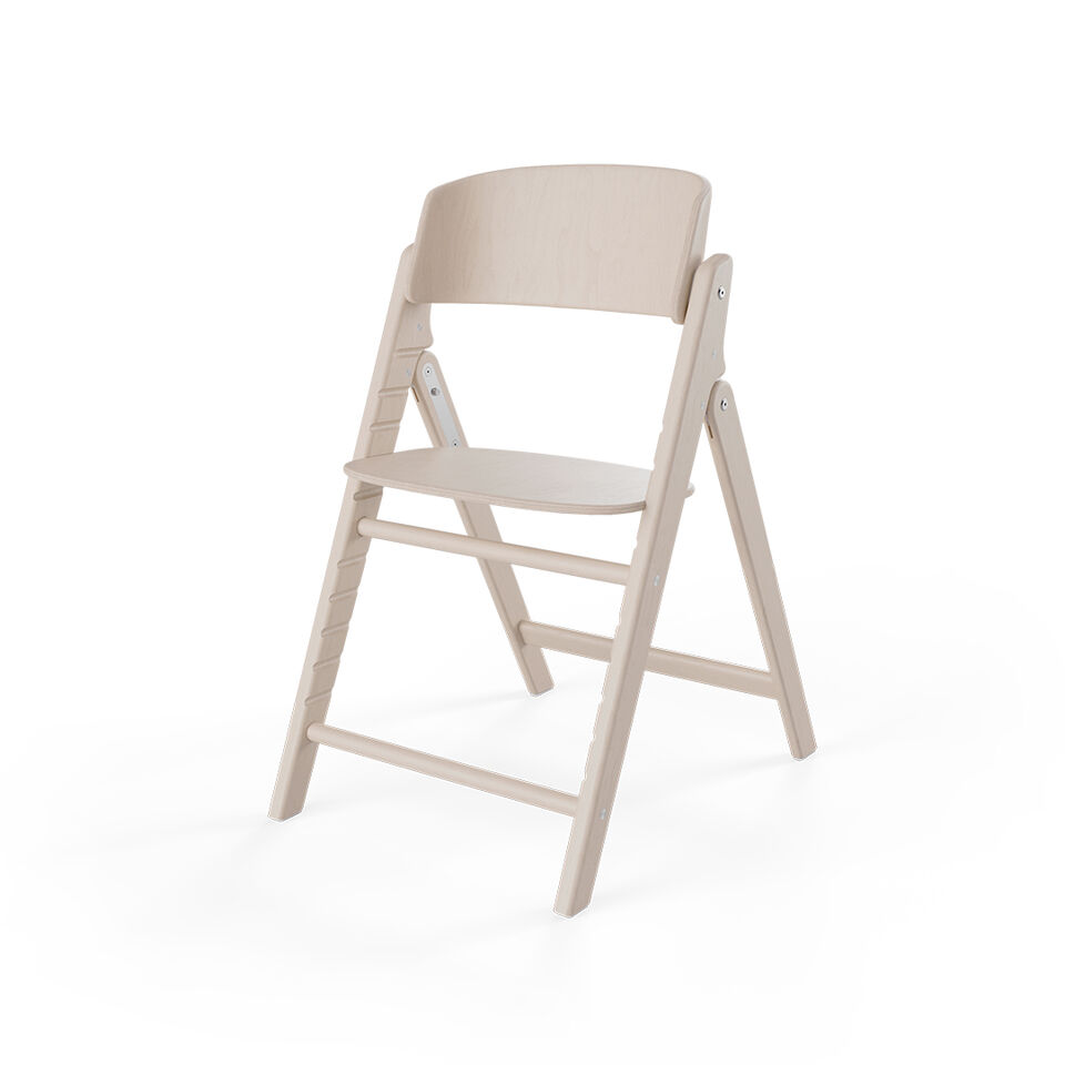 Click and Fold high chair in light wood design, foldable.