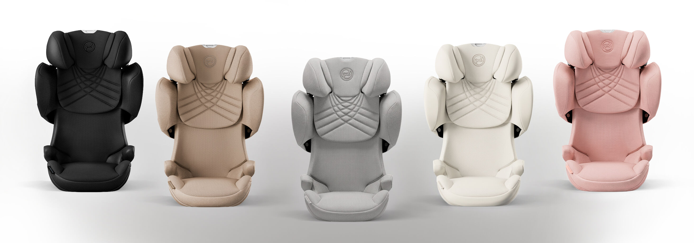 Five Solution T car seats in different colors.