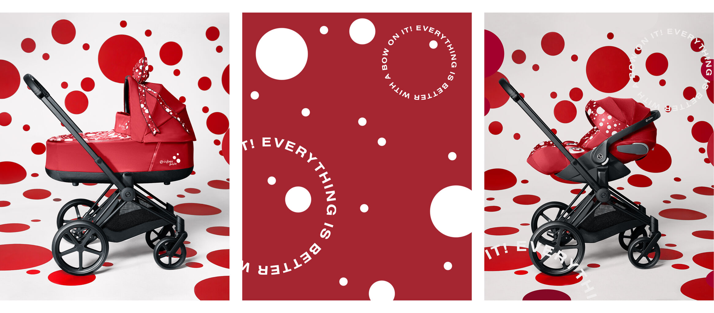 Red pram with white polka dots and matching background.