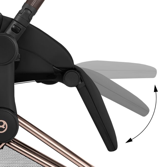 An image of the CYBEX Platinum Priam Stroller, highlighting the Adjustable Leg Rest feature.