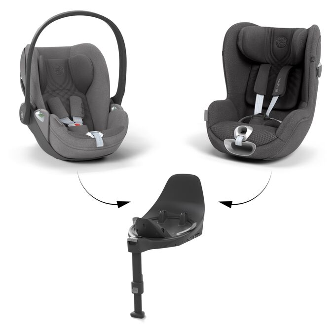 An image of the CYBEX Platinum Cloud T i-Size Infant Car Seat, highlighting the One base &ndash; two seats feature.