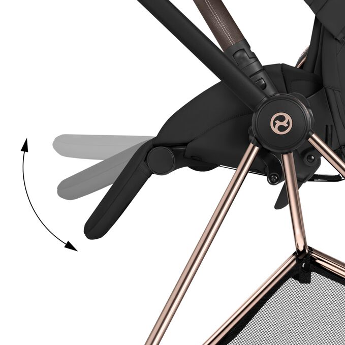 An image of the CYBEX Platinum Mios Rebellious Luxury Stroller, highlighting the Adjustable Leg Rest feature.