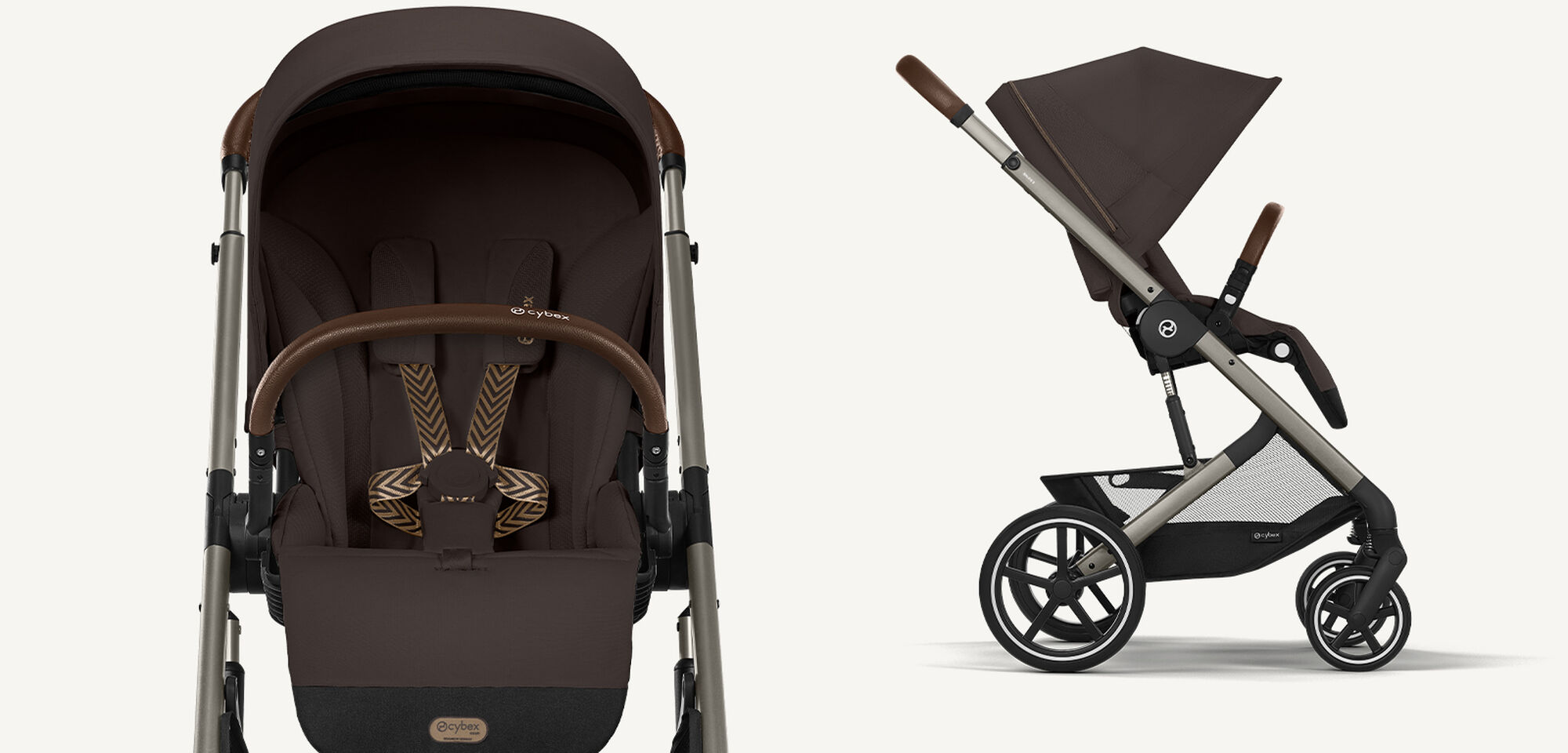 Product shots of a Balios S Lux stroller in Chocolate Brown, on the left front facing, on the right a sideview.