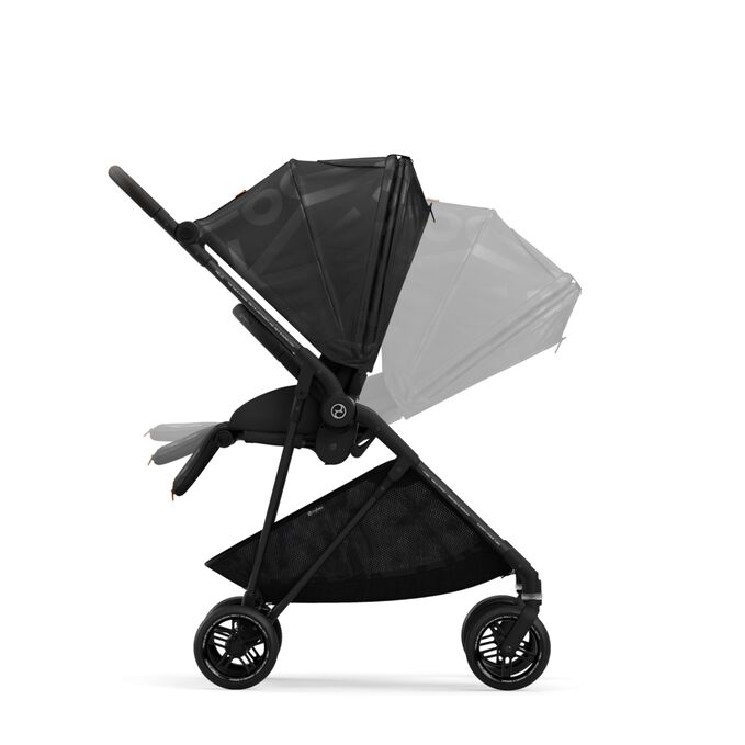 An image of the CYBEX Gold Melio Street Stroller, highlighting the One-hand recline feature.