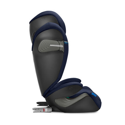 A modern child car seat in side view, dark blue and grey, with ergonomic design.