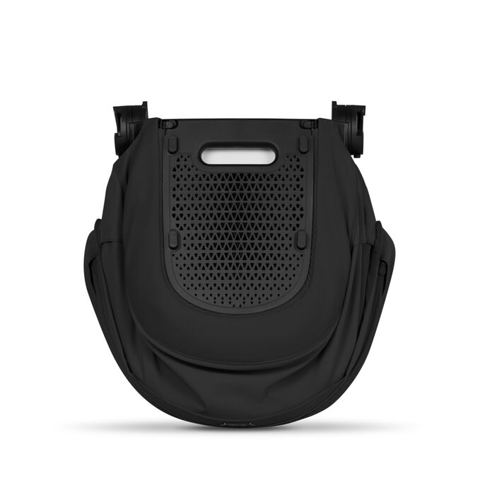 An image of the CYBEX Platinum Mios Fold Lux Carry Cot Stroller, highlighting the Integrated Carry Handle when Folded feature.