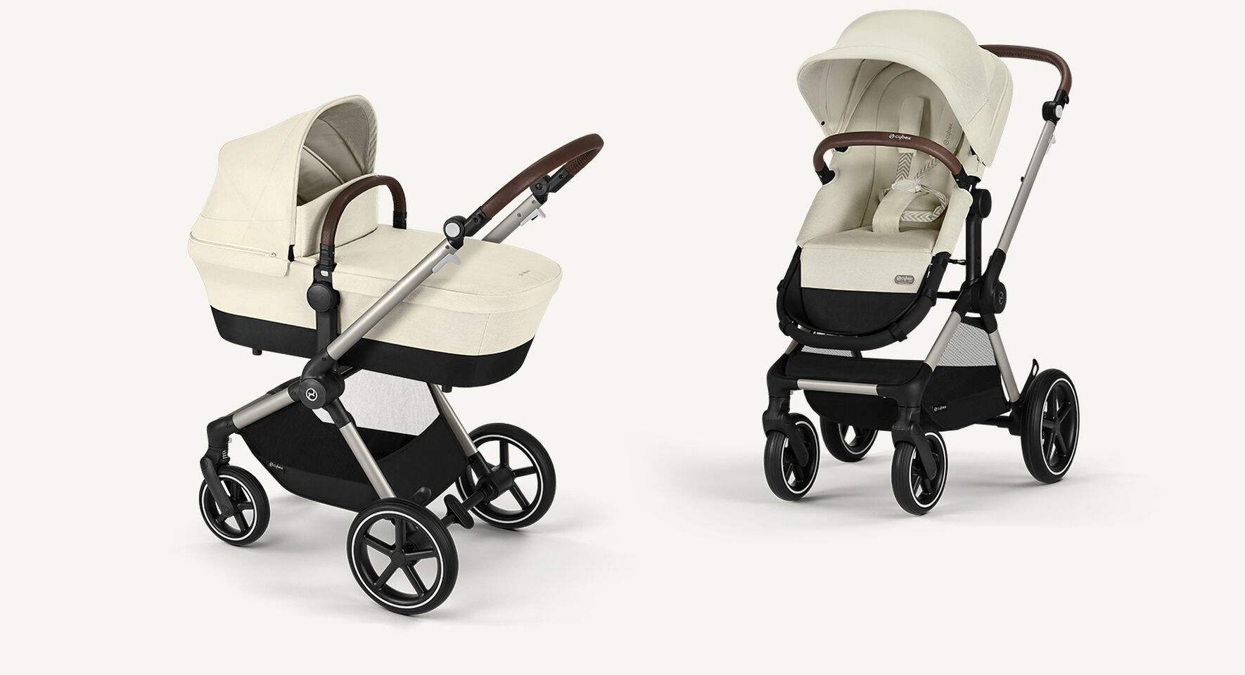 Produktbilder av en Eos Lux barnvagn i Seashell Beige, liggdelsl&auml;ge till v&auml;nster, s&auml;tesl&auml;ge till h&ouml;ger.