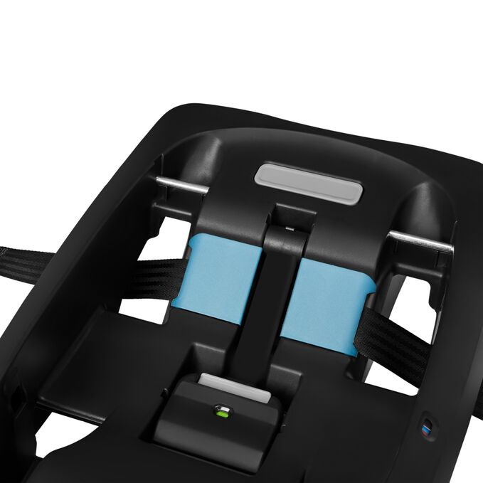 An image of the CYBEX Gold Aton G2 with Load Leg Base Infant Car Seat, highlighting the SafeLock Belt Tensioner feature.