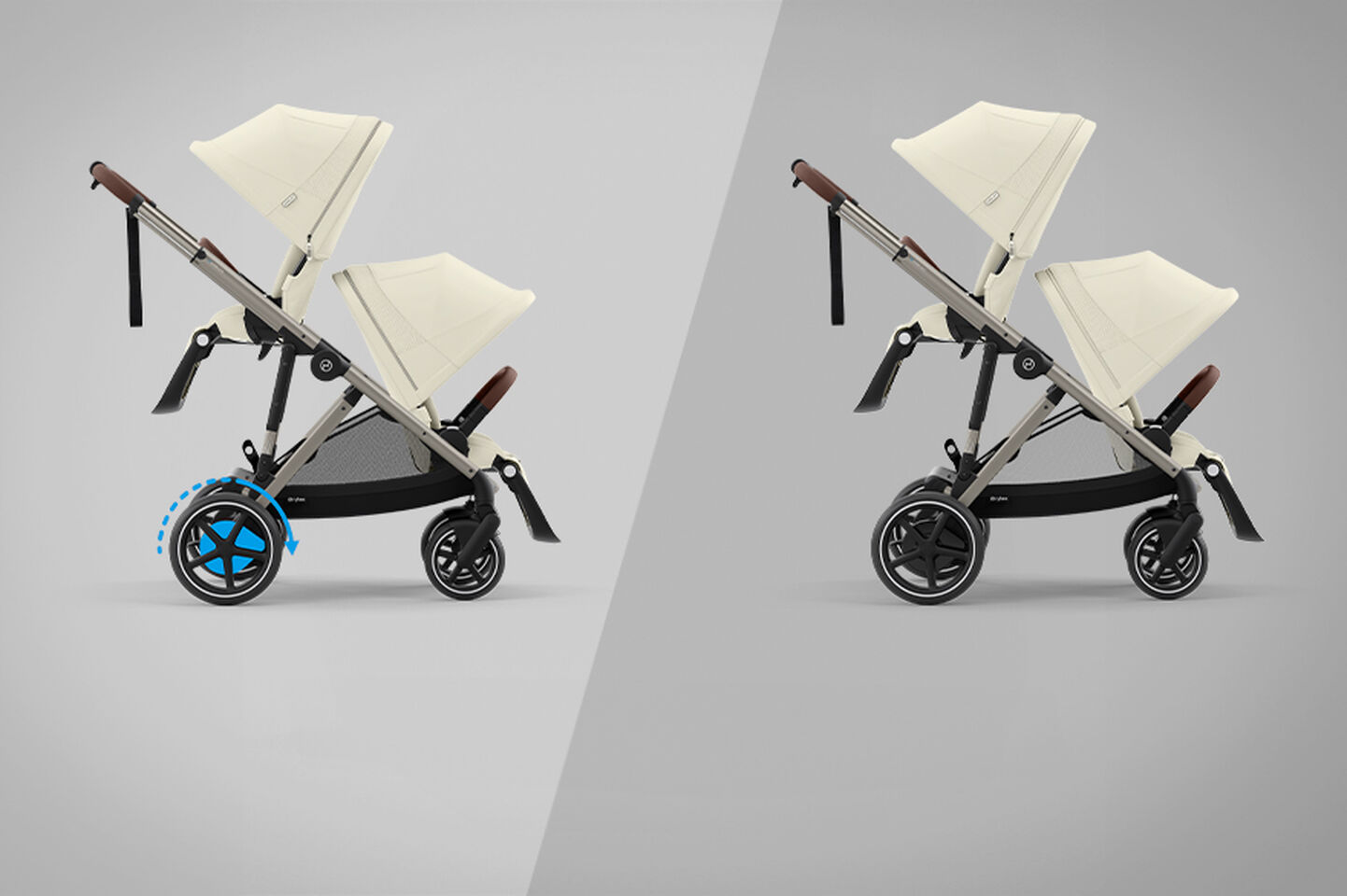 Two beige prams with brown handles, one featuring a swiveling front wheel, the other with a fixed front wheel.