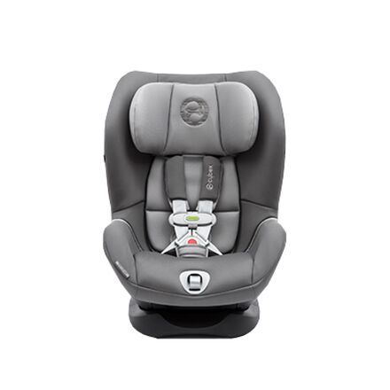 A grey child car seat with safety harness and headrest.