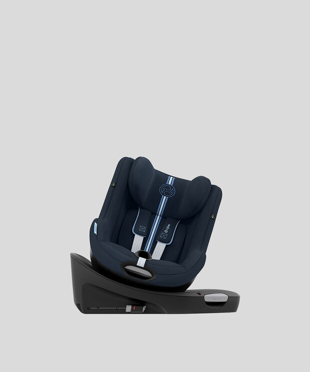 Dark blue car seat with safety harness and base.
