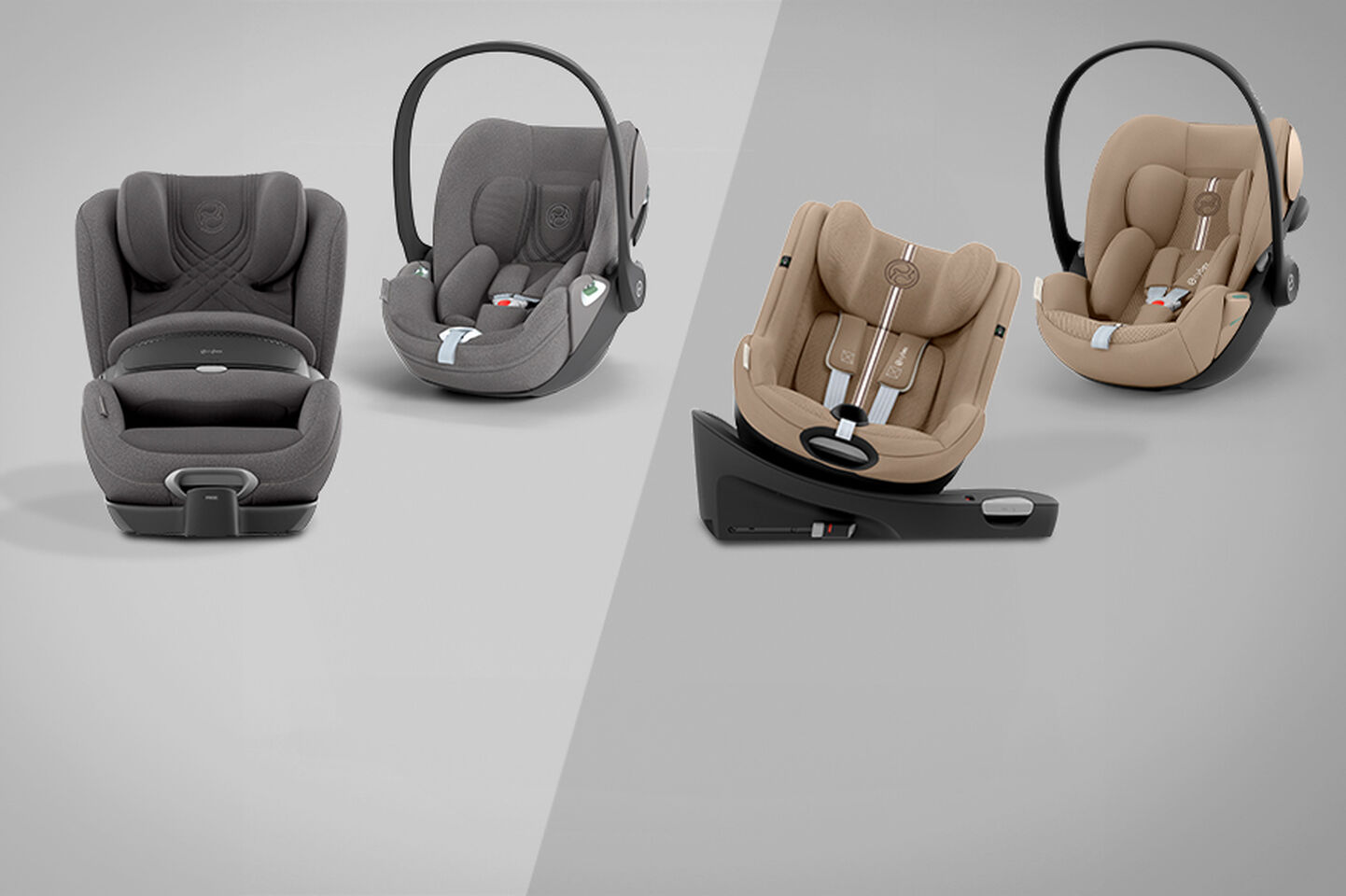 Sichere und komfortable Babyschalen in Grau und Beige, pr&auml;sentiert auf einem grauen Hintergrund