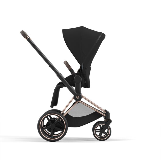 An image of the CYBEX Platinum e-Priam Frame Stroller, highlighting the Reversible seat unit feature.