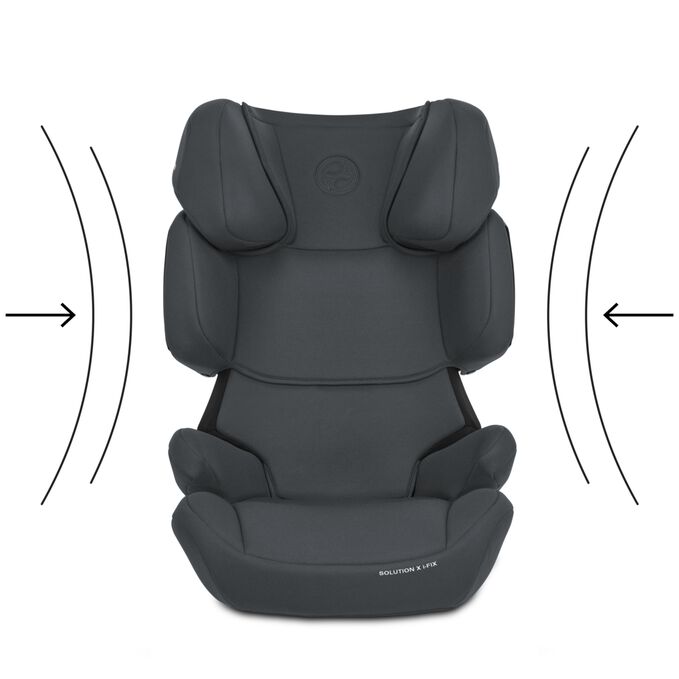 An image of the CYBEX Silver Solution X i-Fix Child Car Seat, highlighting the Reduces side-impact forces feature.