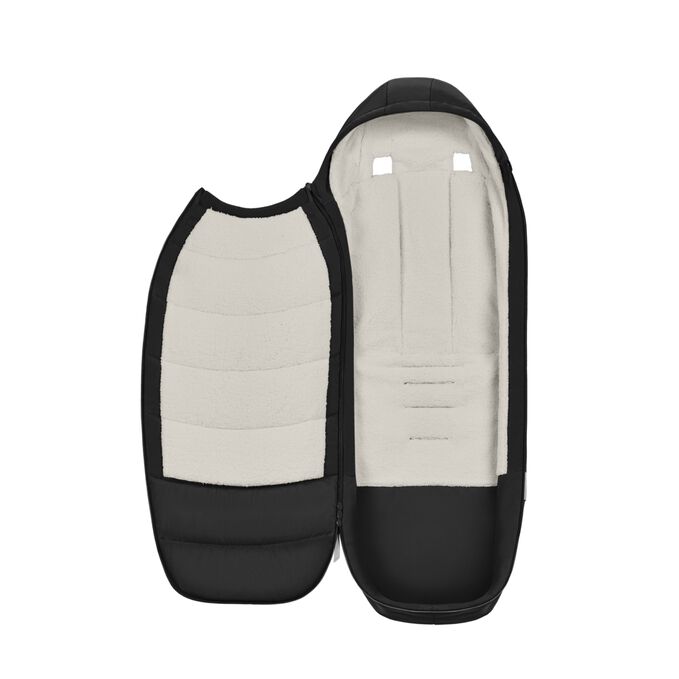 An image of the CYBEX Platinum Platinum Footmuff Accessories for Strollers, highlighting the 4-Way Zipper feature.