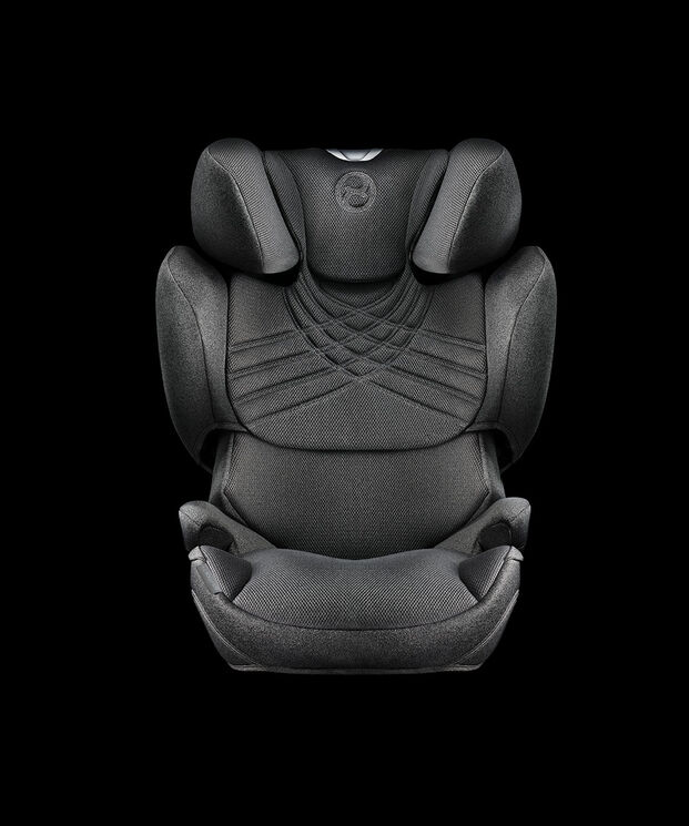 A black child car seat with ergonomic design and padded side wings.