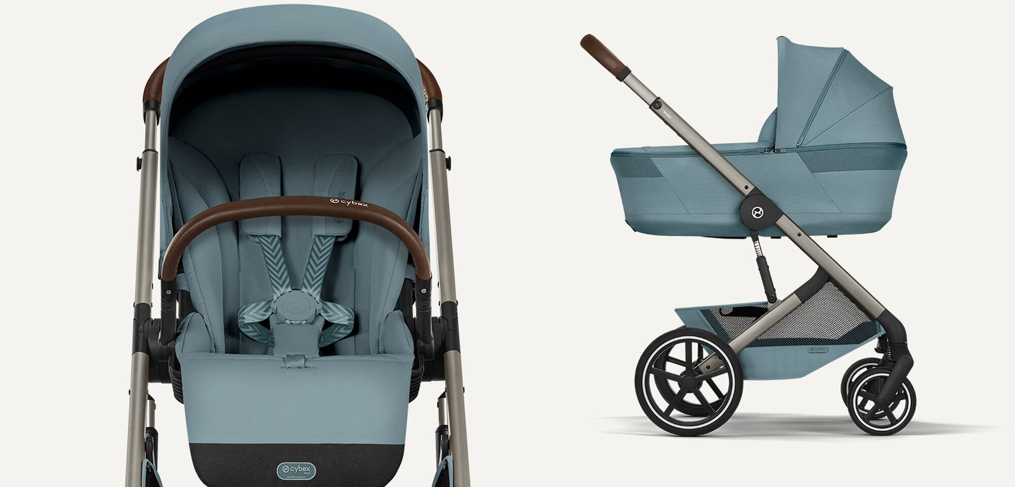 Ein Balios S Lux Kinderwagen mit Seat Pack (links) und mit Fold Cot (rechts) in Stormy Blue.