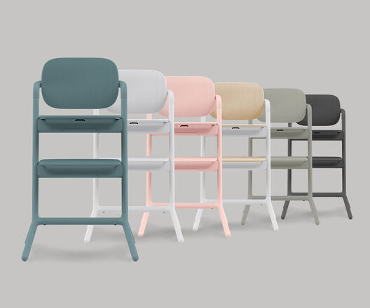 F&uuml;nf moderne Hochst&uuml;hle in verschiedenen Farben, darunter Blau, Wei&szlig;, Rosa, Beige und Grau, auf grauem Hintergrund.