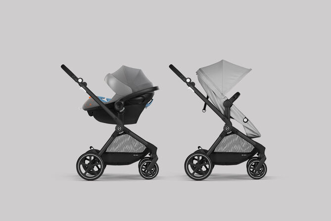 Eos Lux 2 in 1 stroller shown in two configurations, one with a car seat and one with a seat.