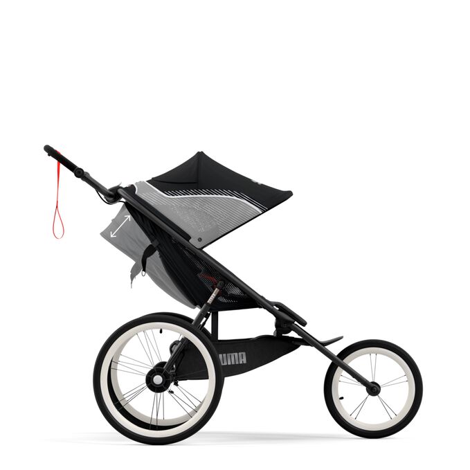 An image of the CYBEX Gold Avi One Box - PUMA Black Jogger, highlighting the One-hand recline feature.