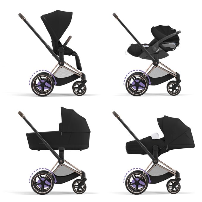 An image of the CYBEX Platinum e-Priam Frame Stroller, highlighting the 4-in-1 Travel System feature.