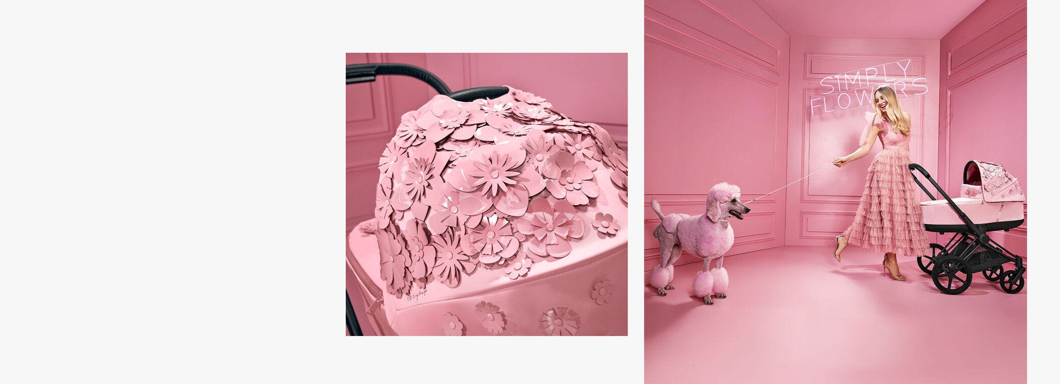 Dva obr&aacute;zky kolekce CYBEX Simply Flower: vlevo detailn&iacute; z&aacute;běr na okvětn&iacute; l&iacute;stky na koč&aacute;rku, vpravo žena v růžov&eacute;m pokoji s růžov&yacute;m psem a koč&aacute;rkem CYBEX Simply Flower.