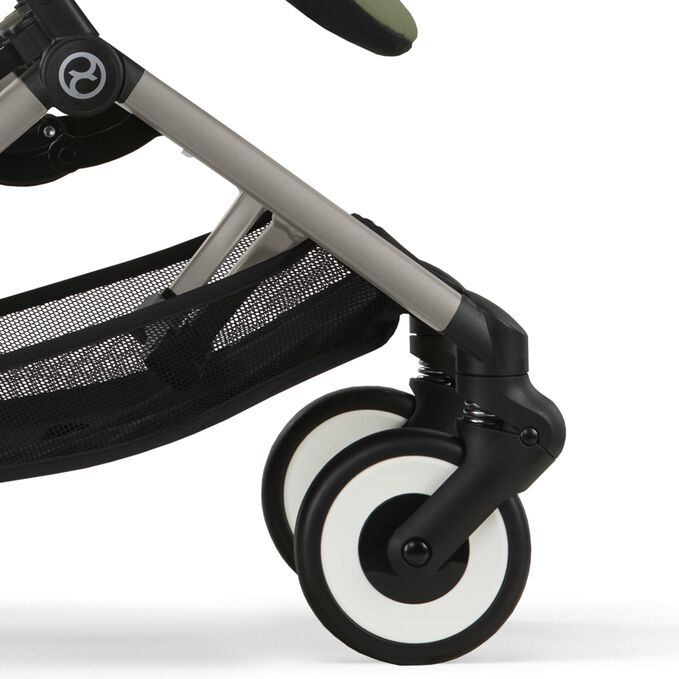 An image of the CYBEX Gold Libelle (2025) Buggy, highlighting the Smooth Front-wheel Suspension feature.