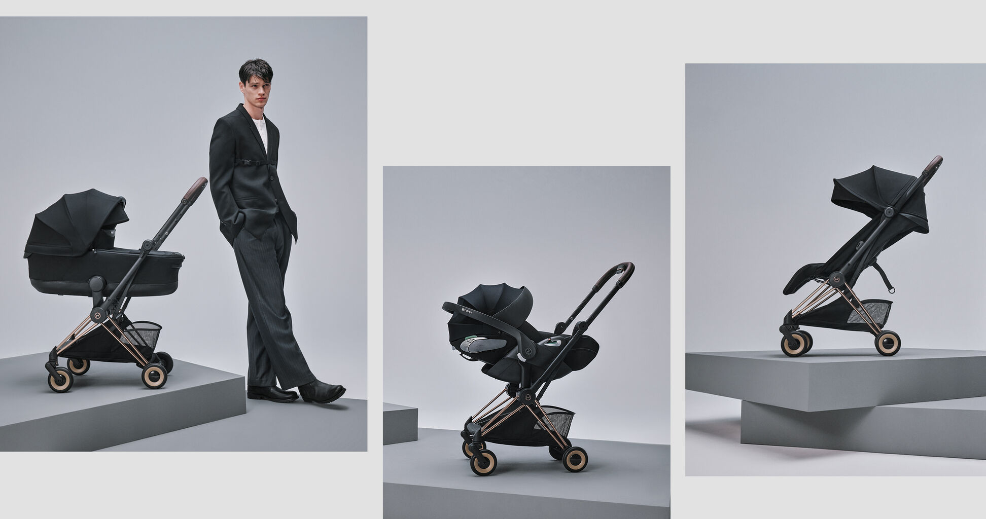 Three images. On the left, a man next to a Co&yuml;a buggy with a Cot attached. On the right, a Co&yuml;a buggy with a Seat Pack attached. In the middle, a Coya with a Cloud.