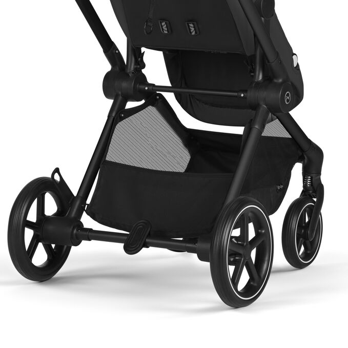 An image of the CYBEX Gold Eos and Aton G Swivel Travel System Stroller, highlighting the Spacious Shopping Basket feature.