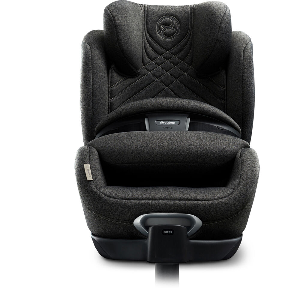 Anoris T car seat in black, front view, featuring Cybex logo on the headrest.