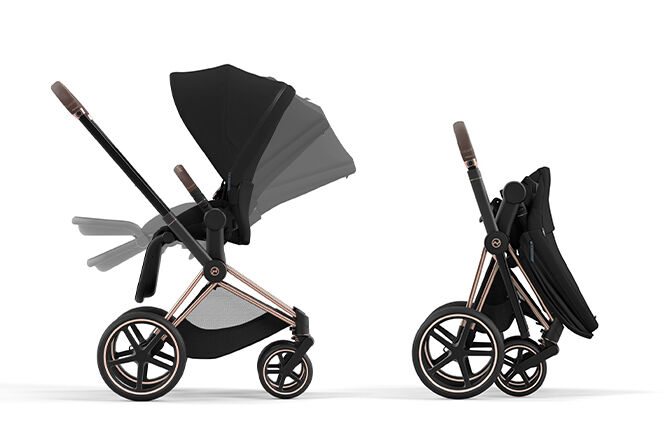An image of the CYBEX Platinum Priam Frame (2025) Stroller, highlighting the One-hand recline and fold feature.