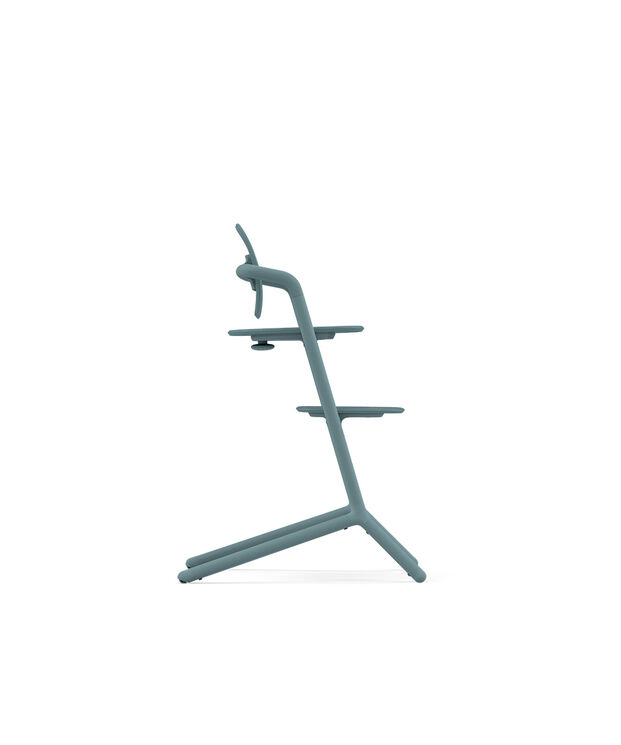 A modern, minimalist high chair in a side view, in a soft blue-green colour.