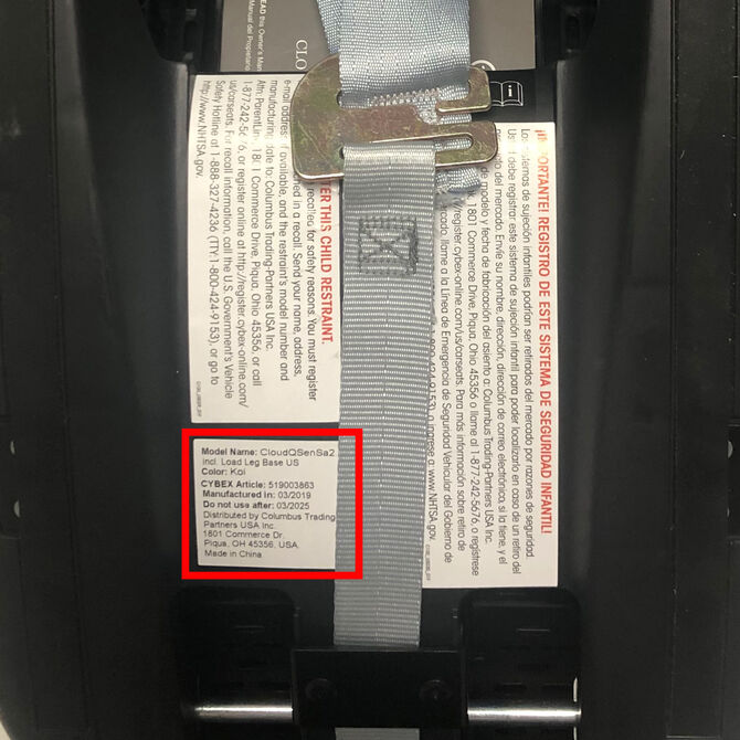 Label on a child car seat showing model name "CloudQSenSa2", colour "Koi", and manufacturing date 03/2019.
