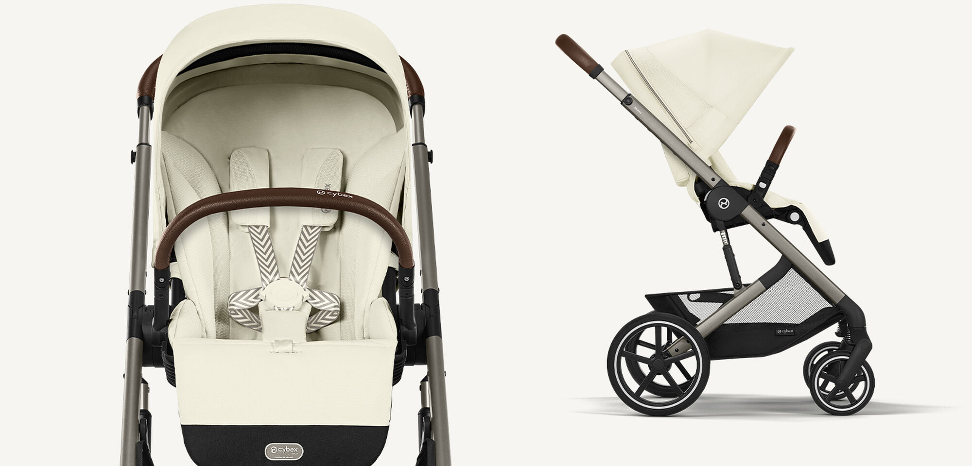 Product shots of a Balios S Lux stroller in Seashell Beige, on the left front facing, on the right a sideview.
