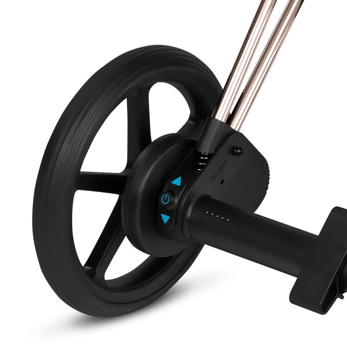An image of the CYBEX Platinum e-Priam Stroller, highlighting the Seamless Tech Integration feature.