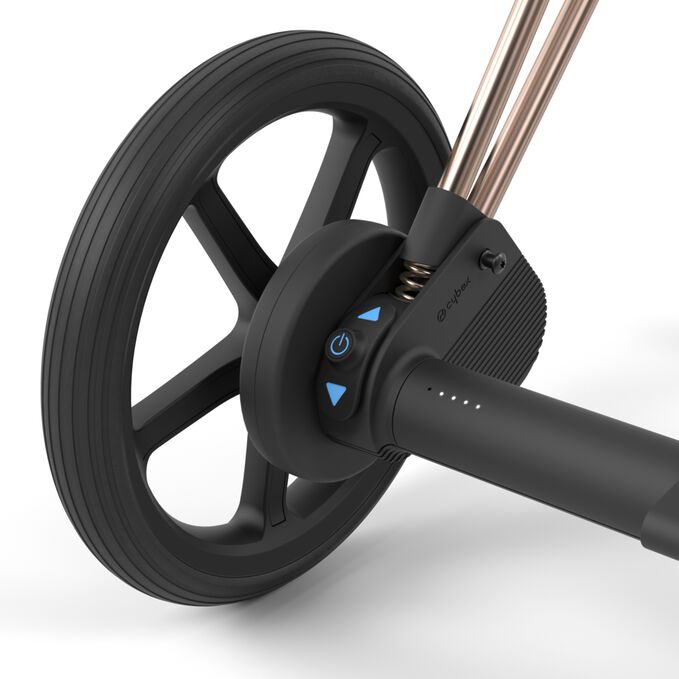 An image of the CYBEX Platinum e-Priam Frame (2025) Stroller, highlighting the Seamless Tech Integration feature.