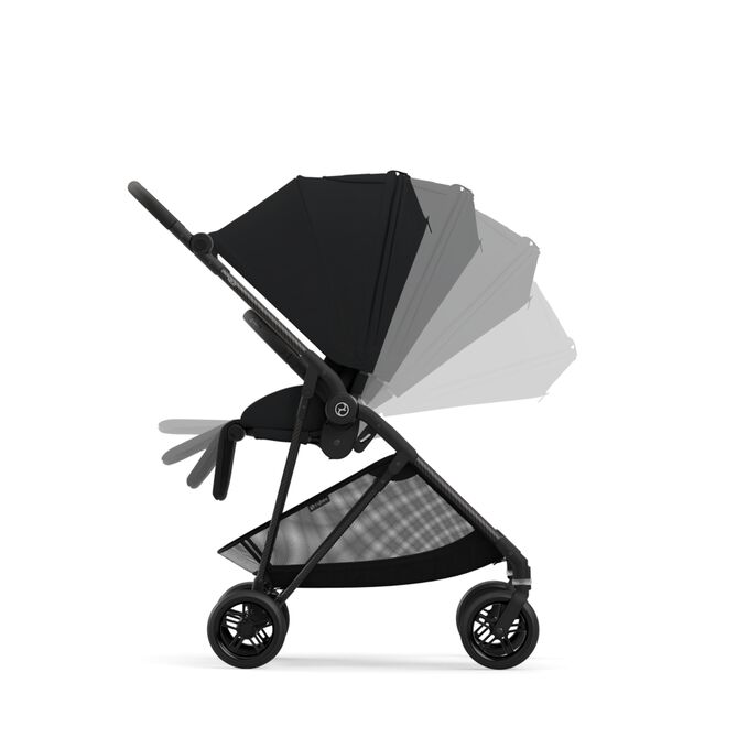 Immagine del CYBEX Gold Melio Carbon Stroller che mette in risalto la caratteristica Reclinabile con una sola mano nella posizione completamente sdraiata.
