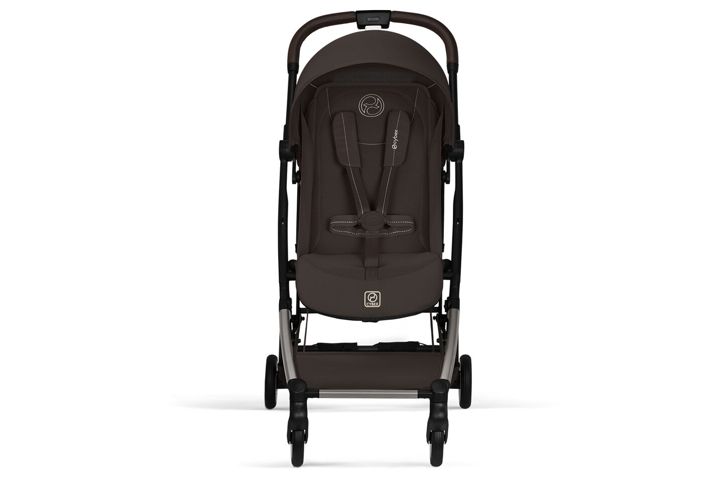 Cybex Orfeo compact travel stroller in chocolate brown shown in front view