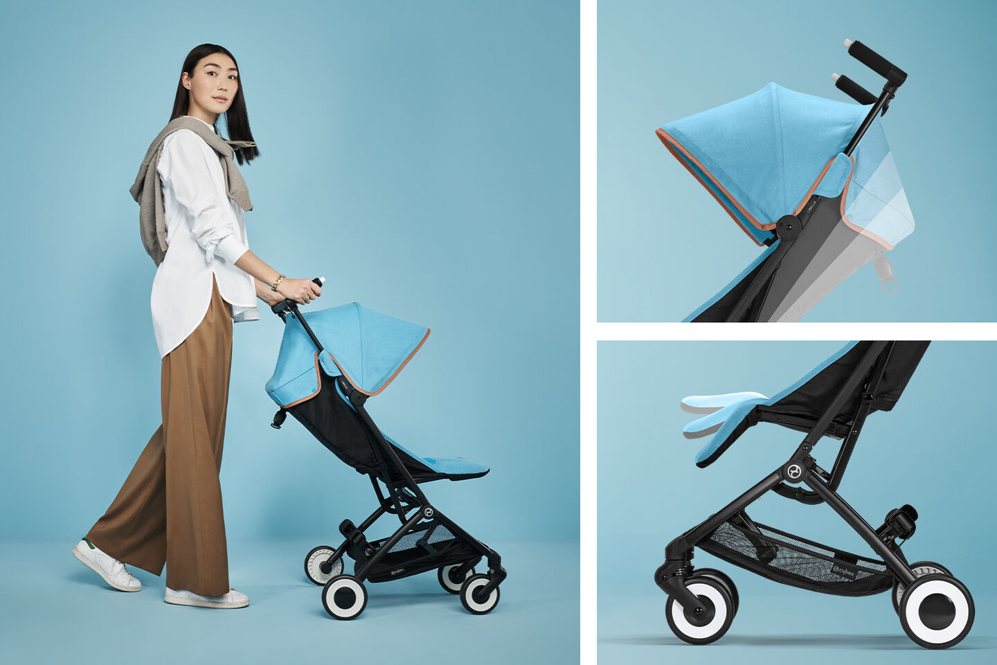 Woman pushing a blue Libelle, the smallest fold stroller, with close-up views of the stroller.